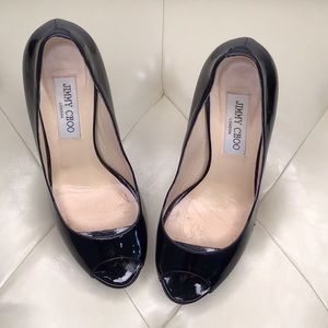 Jimmy Choo Black Patent Leather Peep Toe Pumps SZ 38